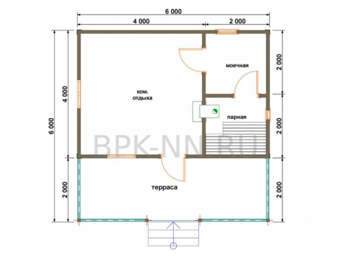 Баня каркасная 4х6 с террасой К038