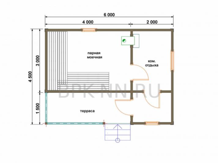 Баня каркасная 4,5х6 с террасой К040