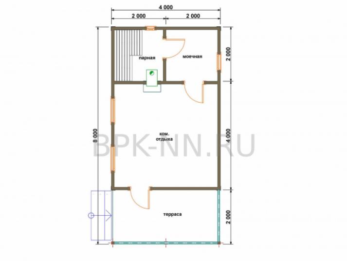 Баня каркасная 4х6 с террасой К041