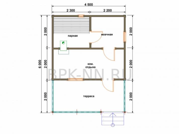 Баня каркасная 4х4,5 с террасой К045