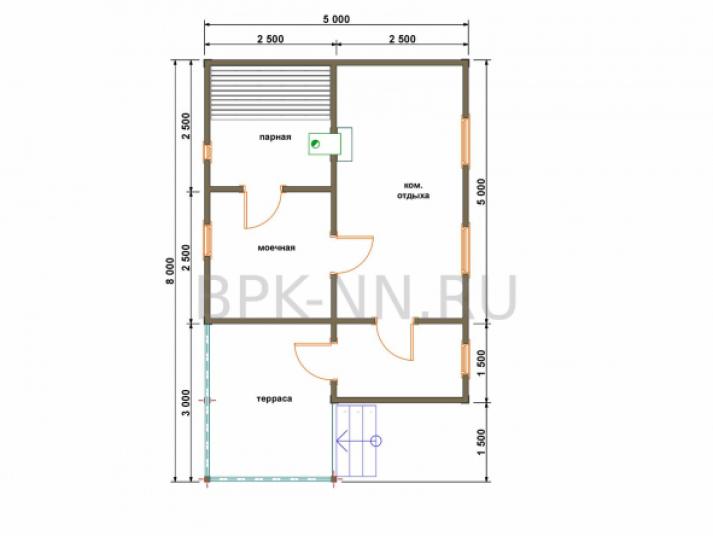 Баня каркасная 5х8 с террасой К051