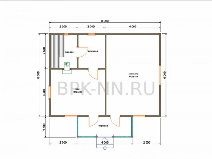 Баня каркасная 6х8 с террасой К052