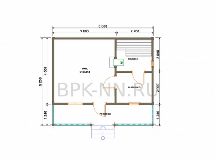 Баня каркасная 4х6 с террасой К055