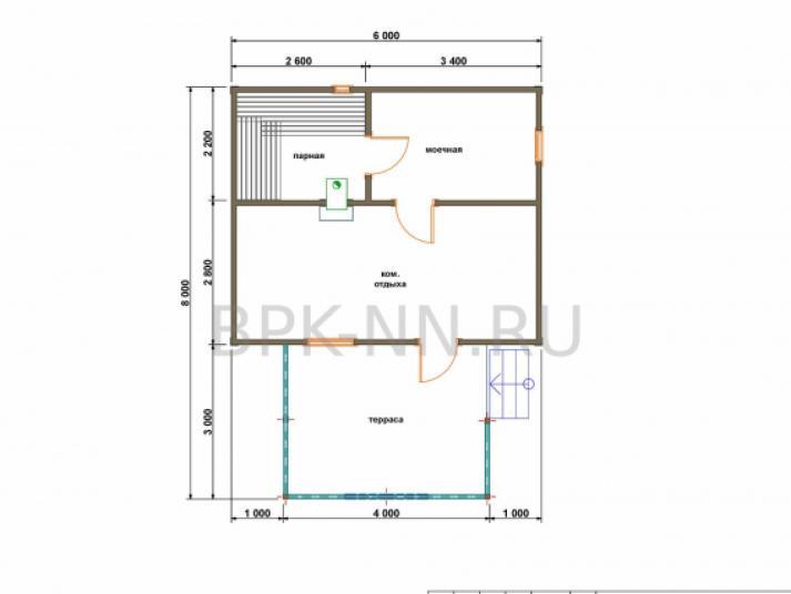 Баня каркасная 5х6 с террасой и с/у К063