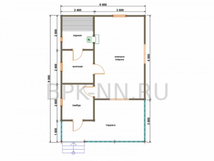 Баня каркасная 6х9 с террасой К066