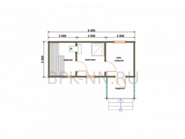 Баня каркасная 2,5х6 с крыльцом К025
