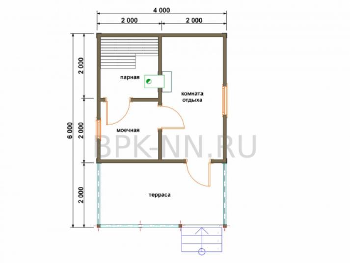 Каркасная баня 4х4 с террасой К035