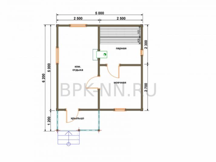 Баня каркасная 5х5 с крыльцом К043