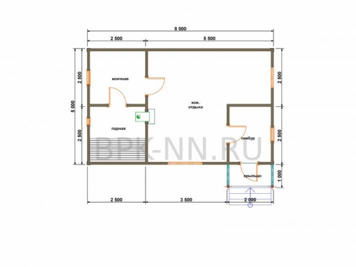 Баня каркасная 5х8 с крыльцом К056