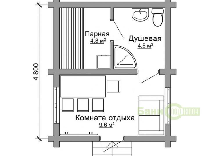 Баня из оцилиндрованного бревна 4х4,8м  О032