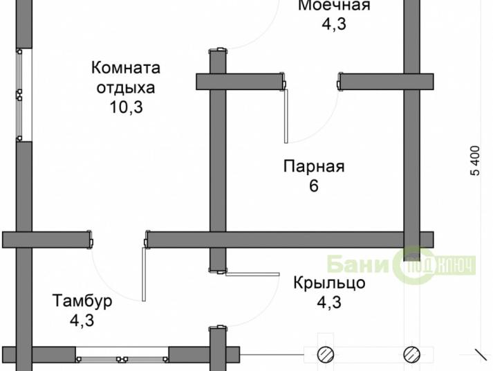 Баня из оцилиндрованного бревна 5,4х5,4м О035