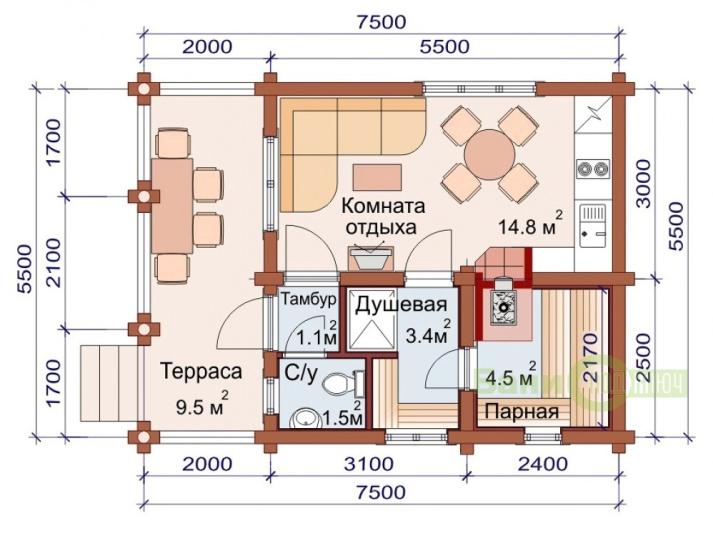 Баня из оцилиндрованного бревна 5,7х7,7м с террасой О039