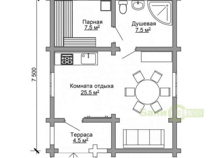 Баня из оцилиндрованного бревна 6х7,5м с террасой О041