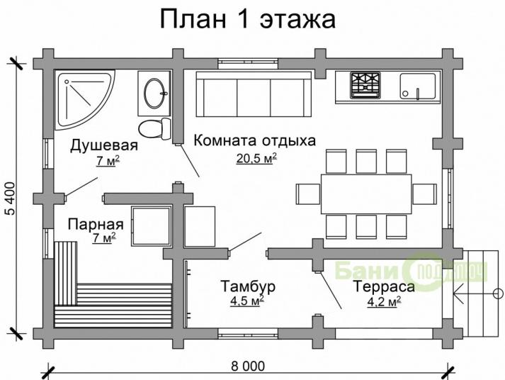 Баня из оцилиндрованного бревна 8х5,4м с террасой О049