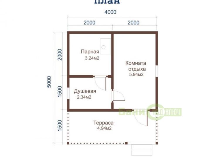 Баня из бруса 4х4м с террасой Б050