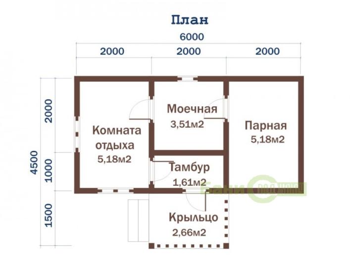 Баня из бруса 6х3м с крыльцом Б051