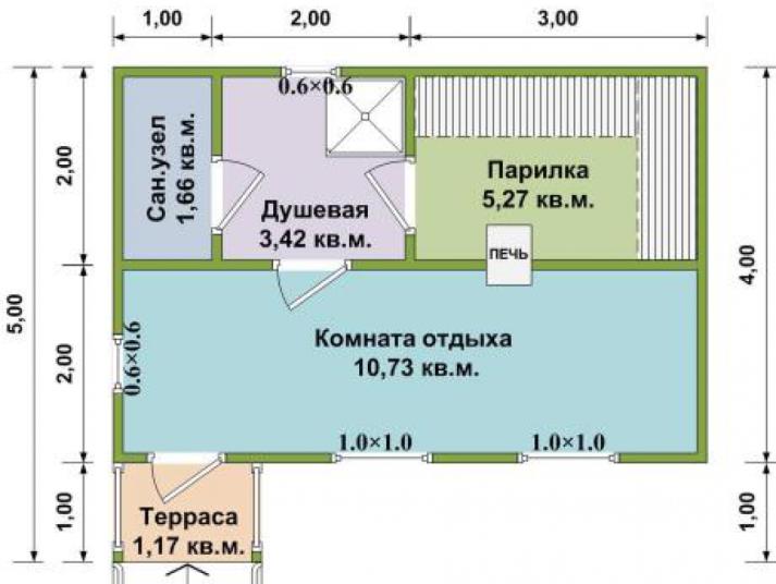 Баня из бруса 6х5м с крыльцом Б053