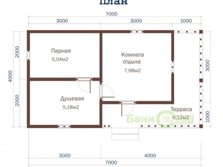 Баня из бруса 7х4м с террасой Б057