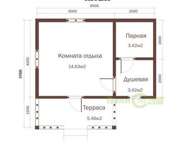 Баня из бруса 6х5,5м с террасой Б060