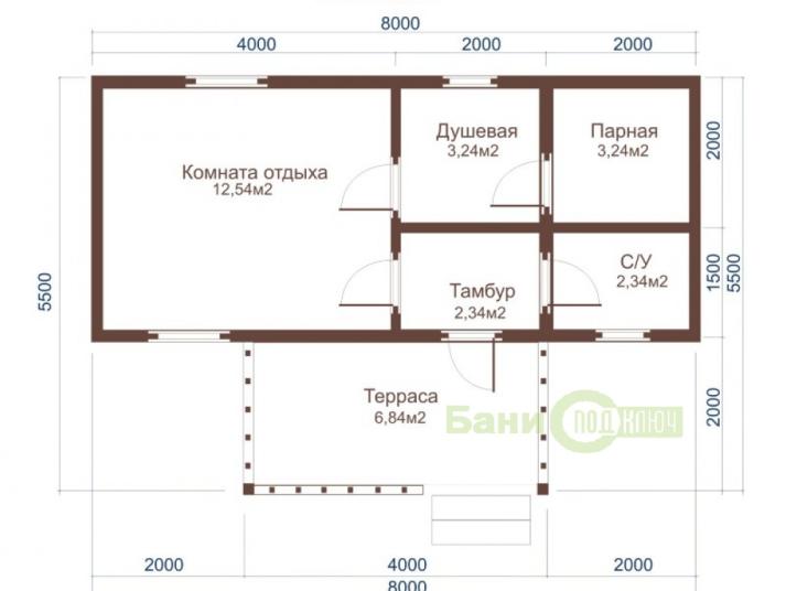 Баня из бруса 6х8м с террасой Б061