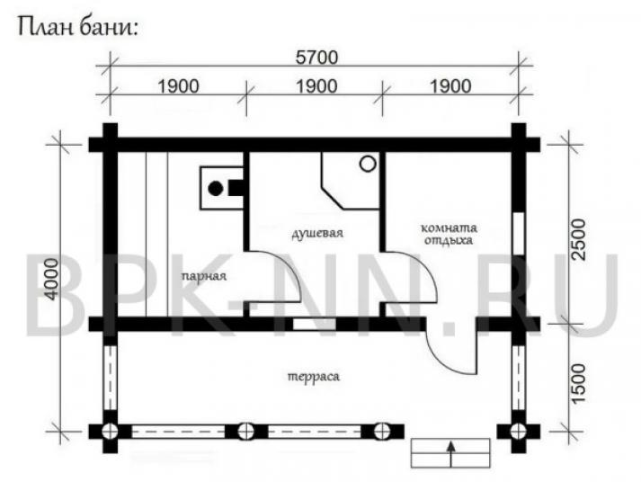 Баня из оцилиндрованного бревна 2,5х5,7 с террасой О011