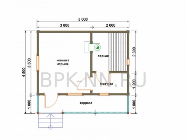 Баня каркасная 3,5х5 с террасой К004