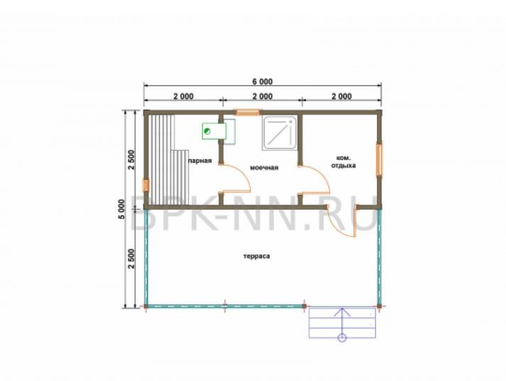 Баня каркасная 2,5х6 с террасой К026