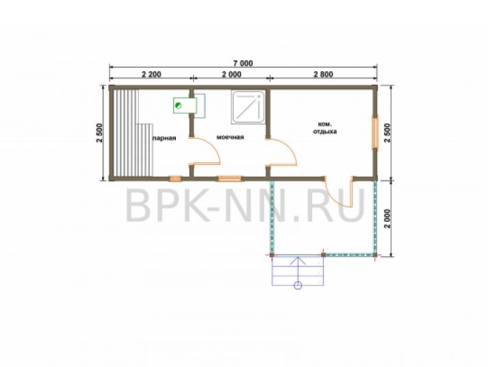 Баня каркасная 2,5х7 с террасой К029