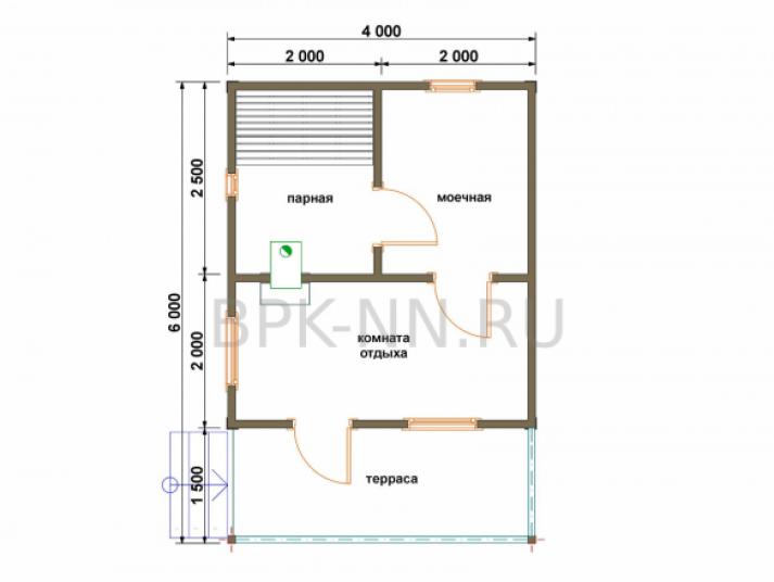 Баня каркасная 4х4,5 с террасой К036